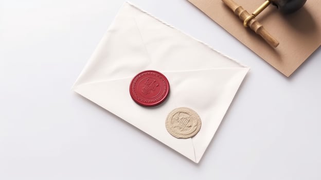 Overhead view of Old White and Brown Letter Paper and Envelope with Wax Seal, Stamp Flat Lay. Generative. photo
