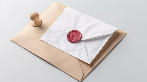 Overhead View of Red Wax Sealed White and Brown Old Letter Envelope with Wooden Stamp Flat Lay. . photo