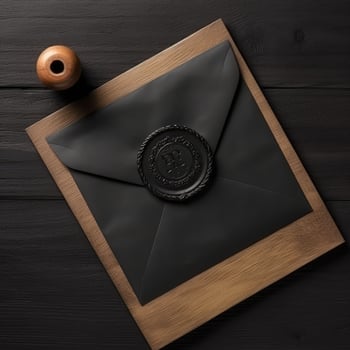 Overhead View of Wax Sealed Black And Golden Old Letter Envelope with Stamp Flat Lay on Wooden Desk. . photo