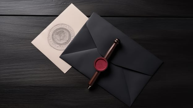 Overhead View of Sealed White and Black Old Letter Envelope with Stamp Flat Lay on Wooden Desk. . photo