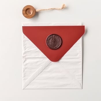 Closeup view of Red And White Old Letter Envelopes with Wax Seal and Stamp, Burlap Thread. . photo