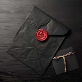 Flat Lay Old Black Letter Envelopes with Red Wax Seal on Table Top. . photo