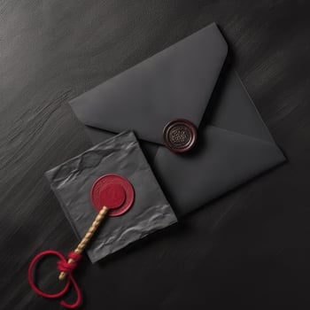 Overhead View of Black Old Letter Envelopes with Wax Seal and Stamp Flat Lay. . photo