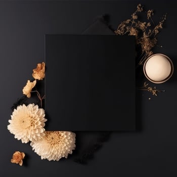 Top View, Autumnal Decoration of Golden Mums Flower and leaves Decorated Black Background. Luxury Party or Wedding Invitation Card Design. . photo