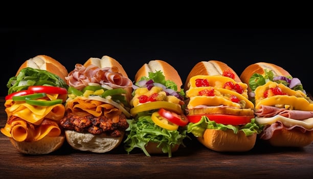 Gourmet grilled beef sandwich on ciabatta bun generated by AI photo