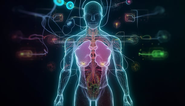 Artificial intelligence, a humanoid cyber human with a neural network thinks. AI concept of big data or cyber security. Chat GPT concept. AI with a digital brain processes big data. photo