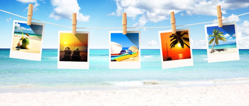 Landscape with photos on tropical beach - summer holiday.