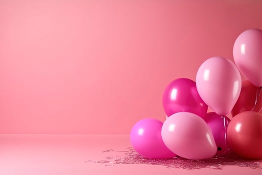 Balloons on pink background with free space for text. Birthday celebration, wedding or baby shower decor. Minimal creative idea for party and celebration, greeting card. photo