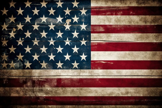 Backlit us national flag flying and waving in the wind over gray stormy cloudy sky, symbol of american patriotism, low angle, generate ai photo