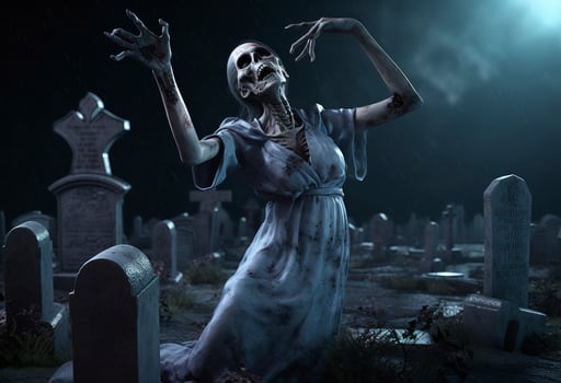Zombie hand rising up from grave in misty night graveyard neural network generated art , generate ai photo