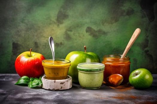 Sauces, apple and green measuring tape on grunge background. Diet concept, generate ai photo
