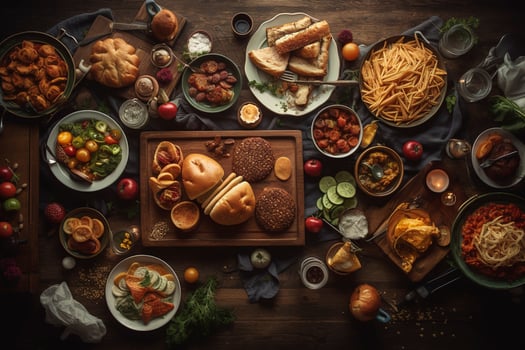 Table scene with a selection of delicious foods. Top view over a dark wood banner background, generate ai photo