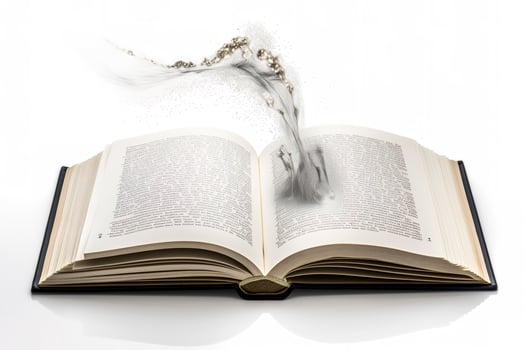 image of open antique book on wooden table with glitter overlay, generate ai photo