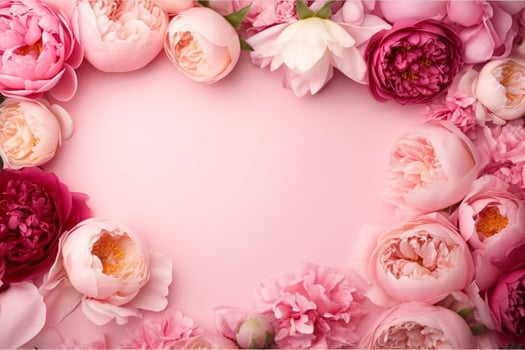 Peonies, roses on pink background with copy space. Abstract natural floral frame layout with text space. Romantic feminine composition. Wedding invitation , generate ai photo