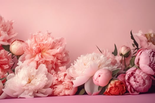 Peonies, roses on pink background with copy space. Abstract natural floral frame layout with text space. Romantic feminine composition. Wedding invitation , generate ai photo
