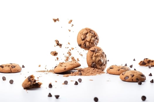 Tasty chocolate chip cookies falling isolated on white background, generate ai photo