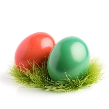Easter eggs in green grass isolated on white background, generate ai photo