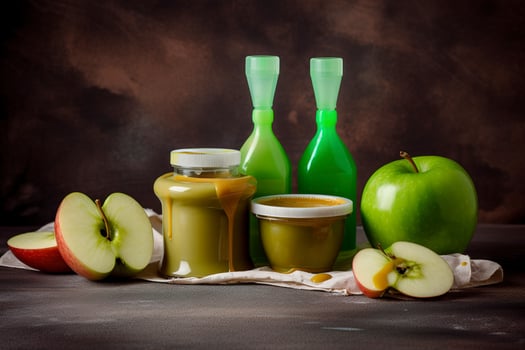Sauces, apple and green measuring tape on grunge background. Diet concept, generate ai photo