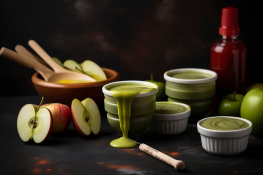 Sauces, apple and green measuring tape on grunge background. Diet concept, generate ai photo