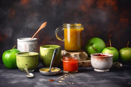 Sauces, apple and green measuring tape on grunge background. Diet concept, generate ai photo
