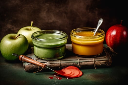 Sauces, apple and green measuring tape on grunge background. Diet concept, generate ai photo