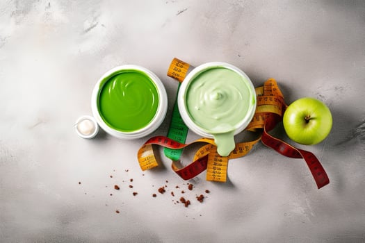 Sauces, apple and green measuring tape on grunge background. Diet concept, generate ai photo