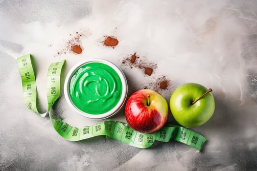 Sauces, apple and green measuring tape on grunge background. Diet concept, generate ai photo