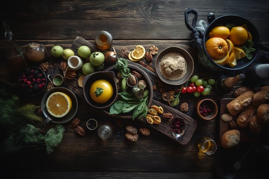 Table scene with a selection of delicious foods. Top view over a dark wood banner background, generate ai photo