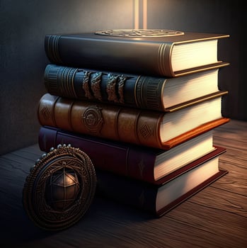 3D Render of Light Effect Vintage Books With Medieval Round On Wooden Background. photo