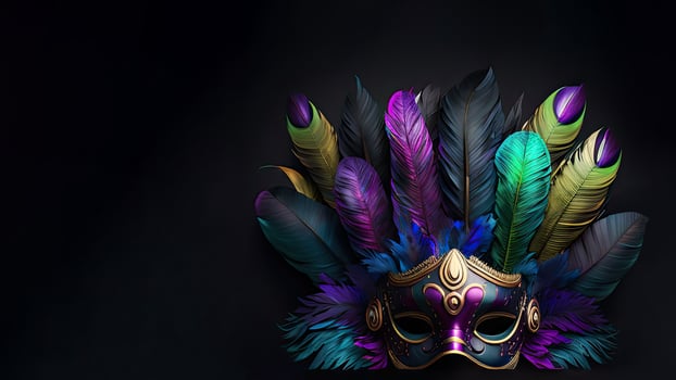 3D Render of Multicolor Decorative Feather Mask On Dark Background. Carnival Concept. photo