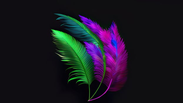 Multicolored Feathers On Black Background And Copy Space. photo