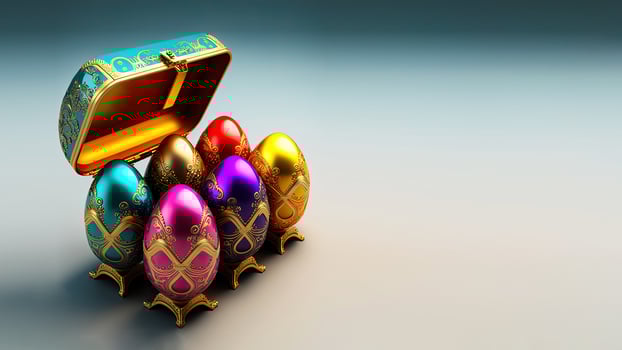 3D Render Of Shiny Colorful Floral Egg Stand With Open Box And Copy Space. Easter Concept. photo