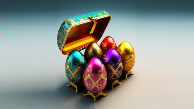 3D Render Of Shiny Colorful Floral Egg Stand With Open Box And Copy Space. Easter Concept. photo