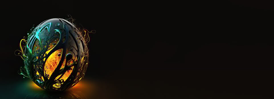 3D Render of Lit Floral Egg Against Dark Background And Copy Space. Easter Concept. photo