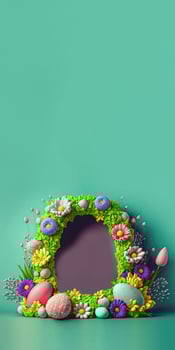 3D Render of Colorful Flowers And Eggs Decorated Oval Arch Against Green Background And Copy Space. photo