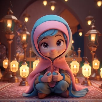 Disney Style Adorable Muslim Girl Character Wearing Hijab And Illuminated Lamps Background. Eid Mubarak Concept. . photo