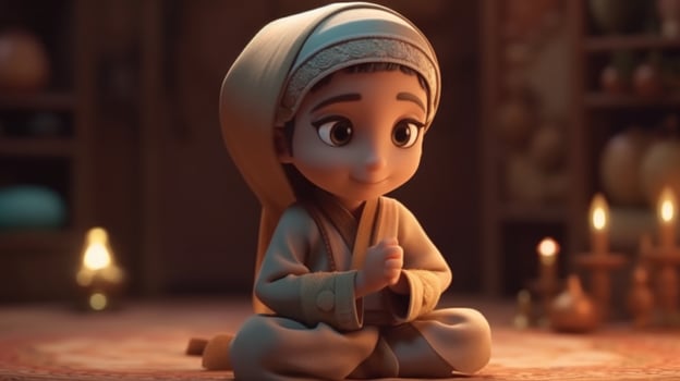 Adorable Disney Style Cartoon of Muslim Kid Character Wearing Hijab. Eid Mubarak Concept. . photo