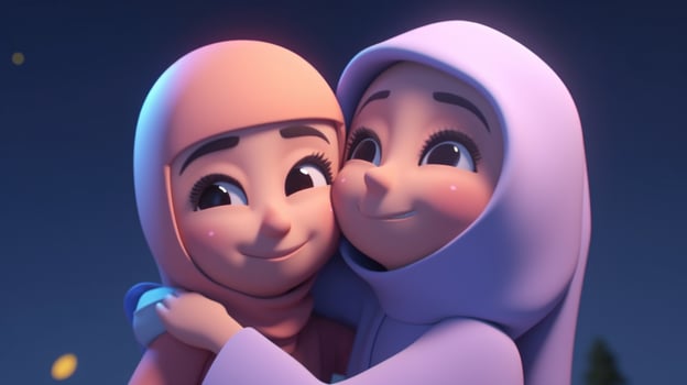 Disney Style, Adorable Muslim Girls Character Wearing Hijab In Hugging Pose, Eid Mubarak Concept. . photo