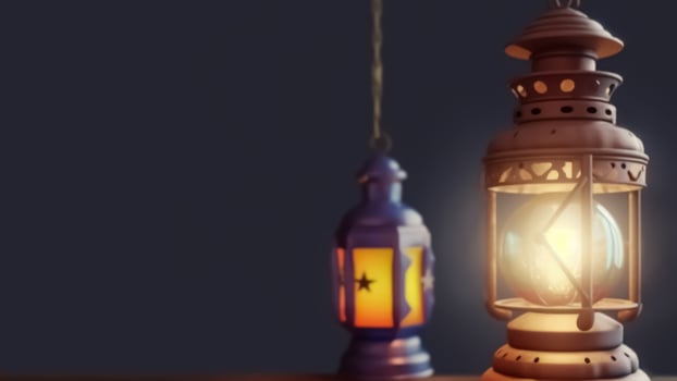 Illustration of Illuminate Arabic Lamps on Grey Background and Copy Space. Eid Mubarak Concept. photo