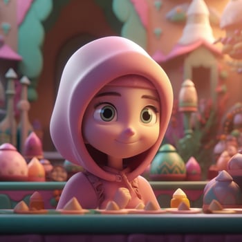 Adorable Disney Style Avatar of Muslim Girl Wearing Hijab. Eid or Ramadan Mubarak Concept. . photo