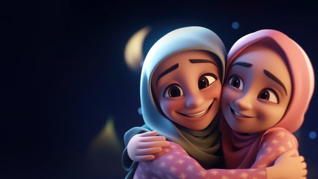 Cute Muslim Girl Character Hugging and Wishing Each Other on Eid Mubarak Concept. . photo