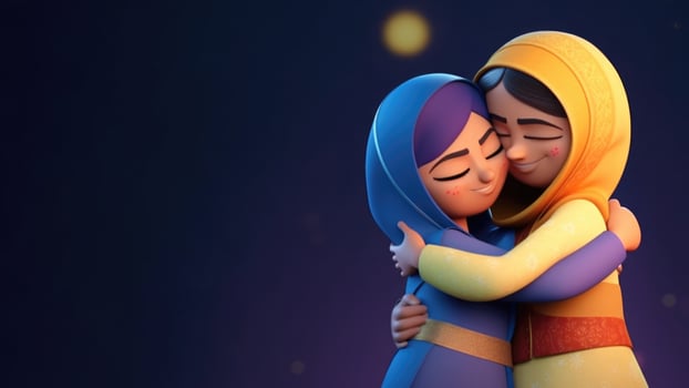Cute Muslim Girl Character Hugging and Wishing Each Other on Eid Mubarak Concept. . photo