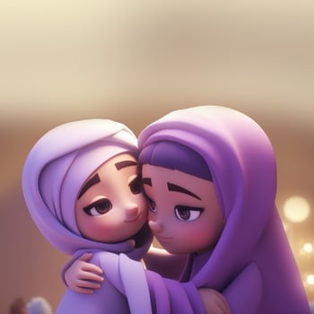 Cute Muslim Girl Character Hugging and Wishing Each Other on Eid Mubarak Concept. photo