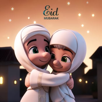 Eid Mubarak Poster or Card Design with Cute Muslim Kids Character Hugging Together. photo