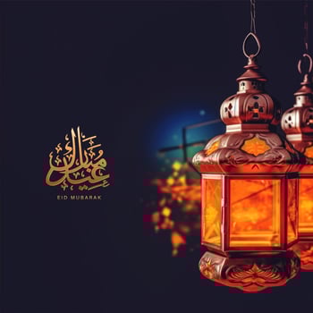 Eid Mubarak Greeting Card Or Poster Design With Illuminated Ethnic Lamps. . photo