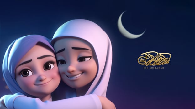Eid Mubarak Banner Design with Cute Muslim Girl Character Hugging Together and Crecent Moon. photo