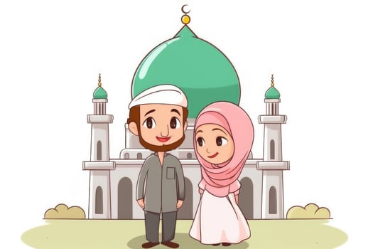 Adorable Cartoon Avatar of Muslim Young Couple and Mosque on Background, Eid Mubarak Concept. photo