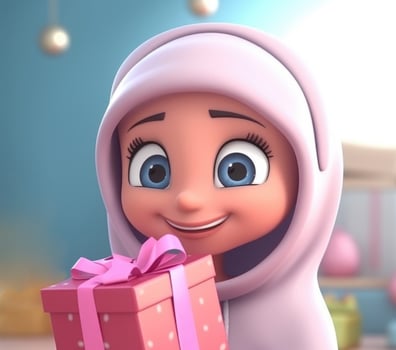 Adorable Disney Style Avatar of Cheerful Muslim Girl Wearing Hijab with Gift Box, Eid Mubarak Concept, . photo