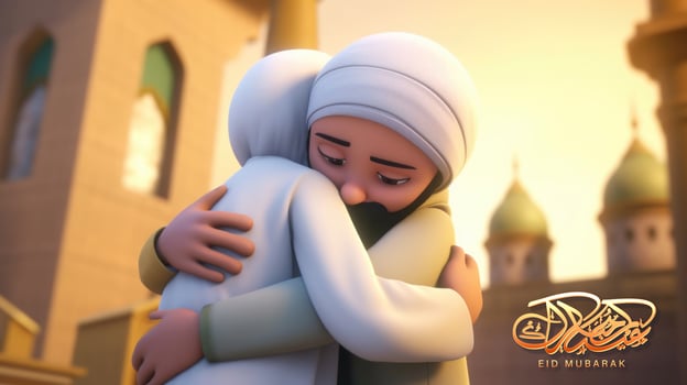 Adorable Cartoon Avatar of Muslim Men Hugging and Wishing Each Other, Blurred Mosque For Eid Mubarak Concept, . photo