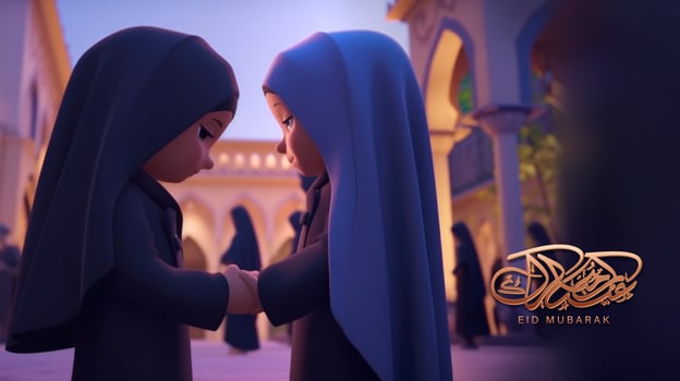 Adorable Cartoon Avatar of Arabian Girls Wishing Each Other, Mosque Background for Eid Mubarak Concept, . photo
